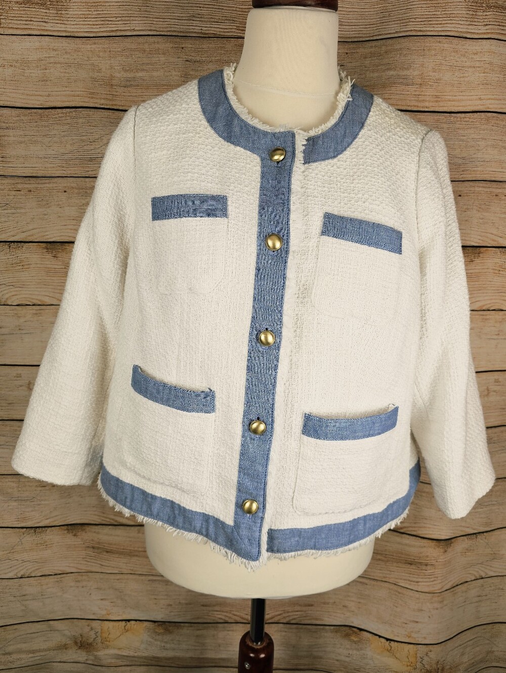 Talbots Airy Tweed Woven Denim Fringe Trim Jacket Size 16W Petite
